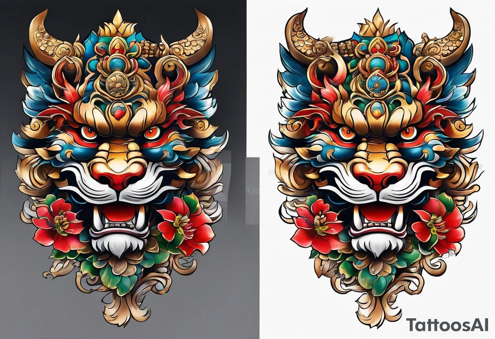 Two full body, Okinawa shisa facing inward tattoo idea