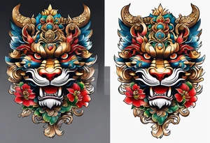 Two full body, Okinawa shisa facing inward tattoo idea