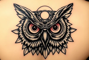 Owl head with large intense tripping on acid colored eyes with cyberpunk style  and geometry and glowing circle on the forhead with no pupils tattoo idea