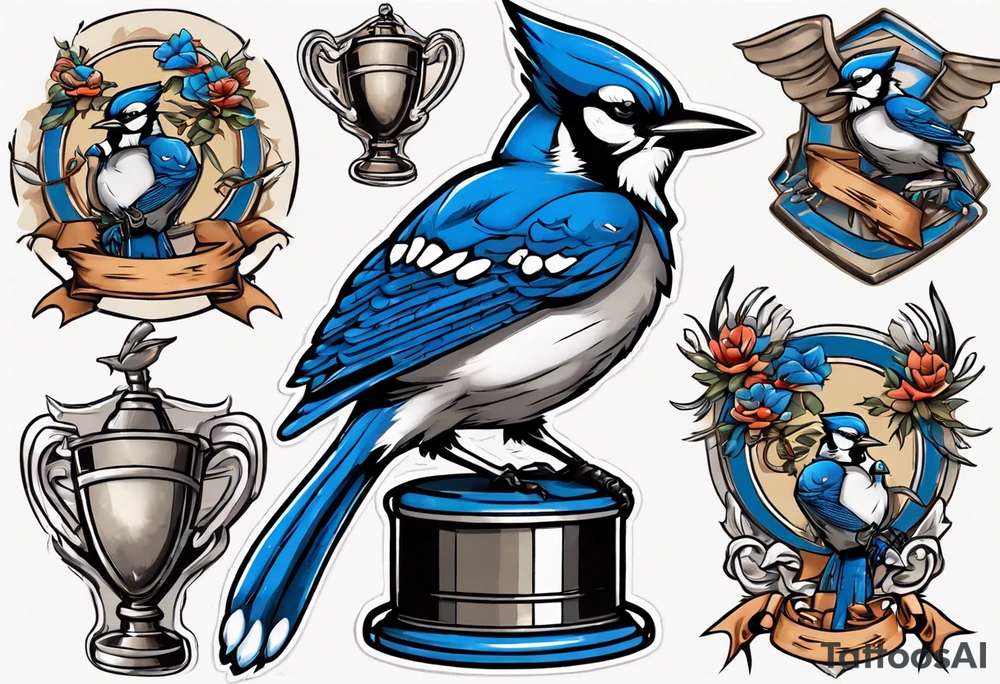 mean looking bluejay holding a trophy tattoo idea