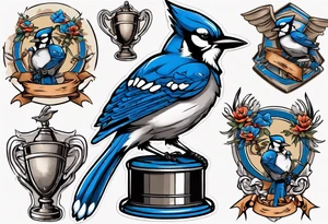 mean looking bluejay holding a trophy tattoo idea