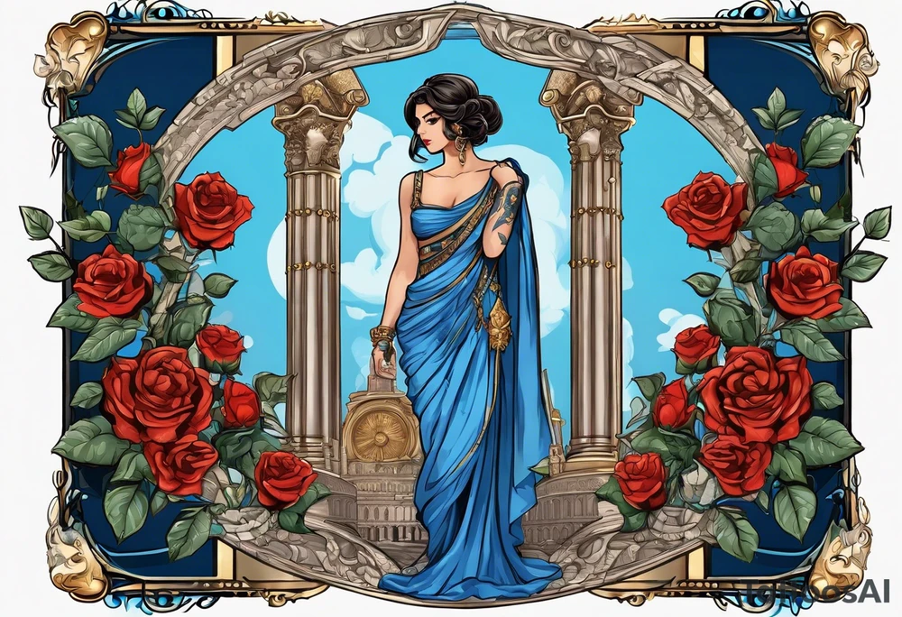 ancient rome clothes ,women,,ancient scale in one hand, blue rose frames, justicia ,keeps  scale tattoo idea
