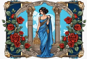 ancient rome clothes ,women,,ancient scale in one hand, blue rose frames, justicia ,keeps  scale tattoo idea