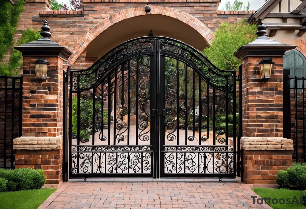 This image depicts an arched gate made of intricately designed wrought iron. The gate has swirling patterns, with the iron bars curving elegantly in various directions, forming loops and curves. The gate is set within a brick frame, with the bricks having a weathered, slightly irregular appearance. The bricks are painted in a gradient of colors, primarily shades of red and pink, transitioning into some hints of green and blue, especially around the edges.

Behind the gate, there’s a pathway made of bricks that leads into a lush garden. The garden is full of greenery, with trees and plants visible in the background. The image has a slightly surreal and artistic quality, possibly due to some paint or texture effects applied to it, giving it a dreamy and almost watercolor-like appearance. tattoo idea