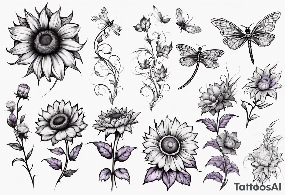 Arm sleeve, sunflowers, dragonflies, three cosmos flower, one violet, one carnation, vines , leaves and butterflies tattoo idea