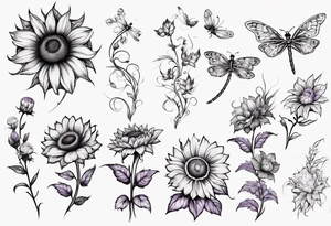 Arm sleeve, sunflowers, dragonflies, three cosmos flower, one violet, one carnation, vines , leaves and butterflies tattoo idea