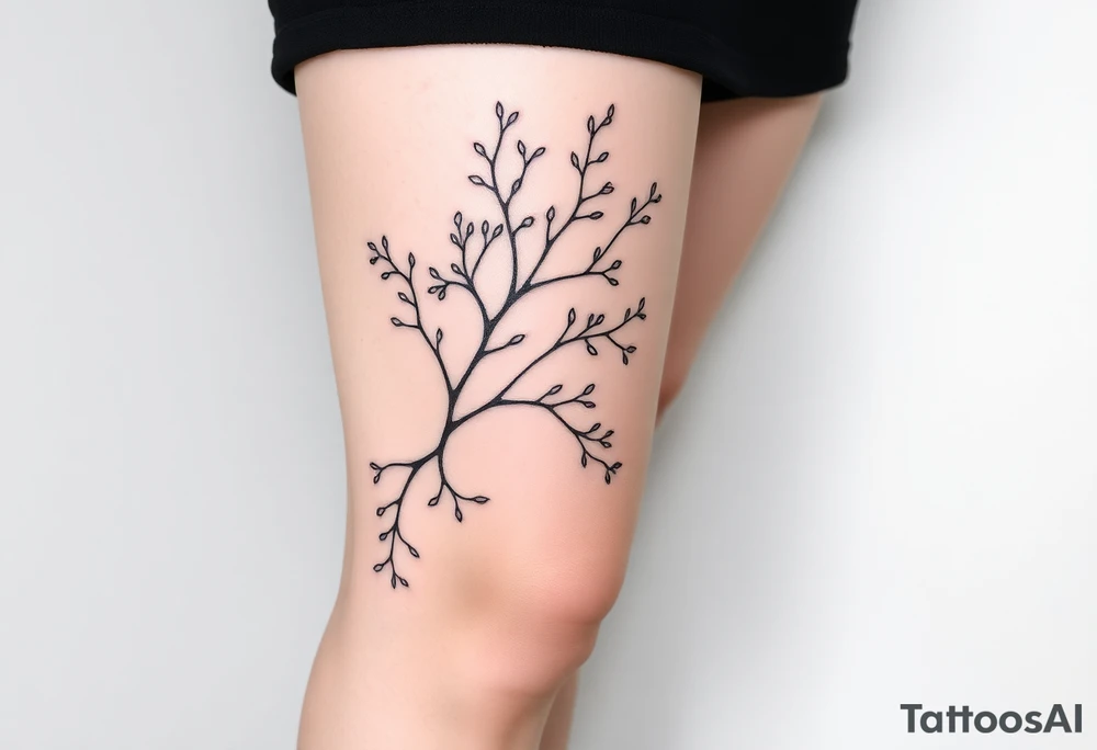 Detailed tattoo design of Asparagopsis taxiformis red algae gametophyte stage botanical illustration style, delicate branching fronds, flowing organic lines, black and grey, designed for calf placement, vertical composition” tattoo idea