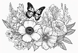 A flower bouquet of carnation, poppy, lily valley, larkspur, aster and marigold and then a butterfly tattoo idea