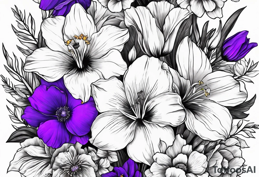 Single flower bouquet with Violet, Daffodil, Gladiolus, Poppy, Cosmos tattoo idea