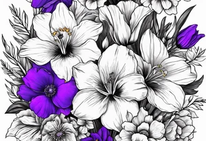 Single flower bouquet with Violet, Daffodil, Gladiolus, Poppy, Cosmos tattoo idea