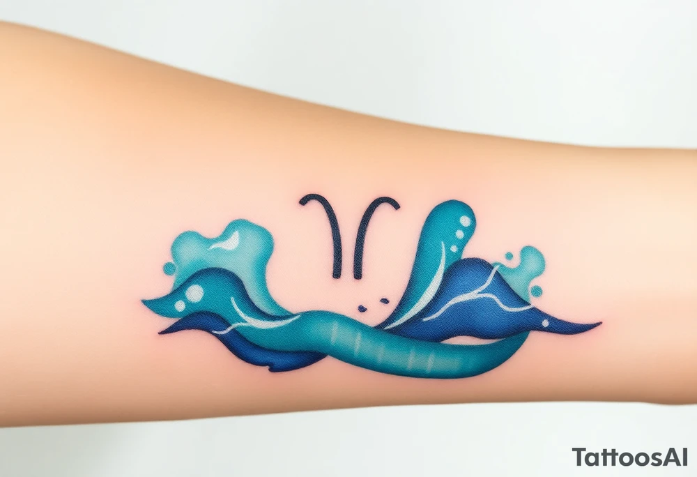 A minimalist Aquarius symbol, surrounded by soft watercolor waves in hues of turquoise, indigo, and silver. tattoo idea