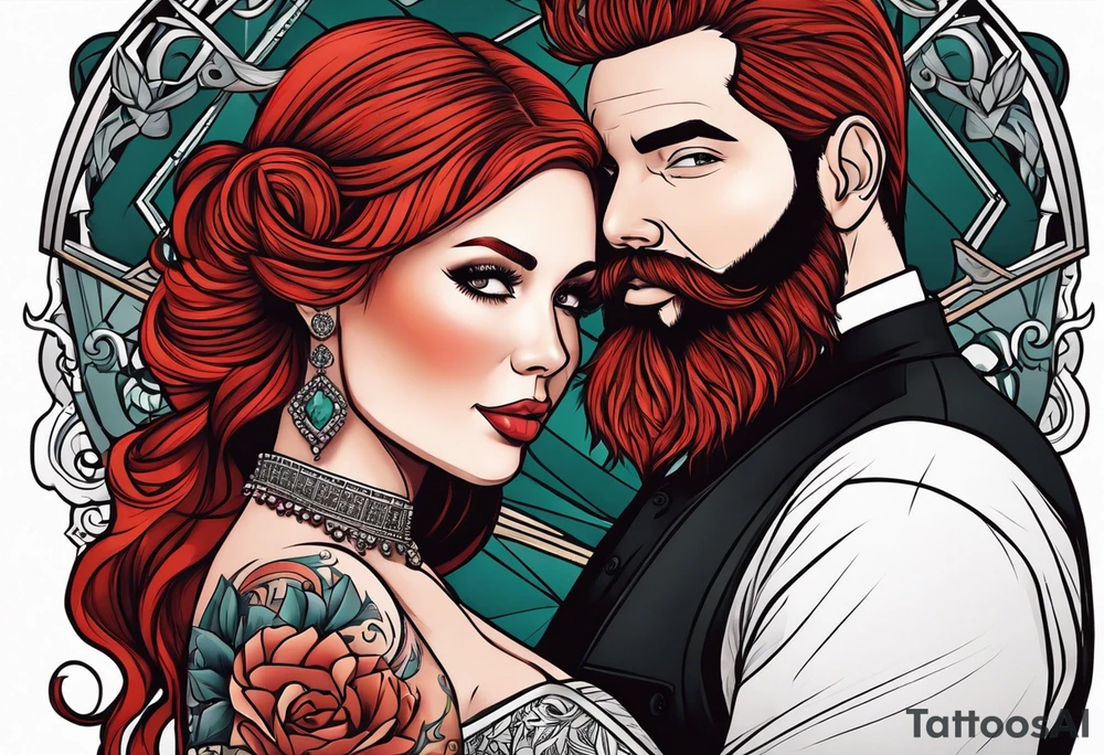 Busty red haired woman with a bearded man who has black hair getting married tattoo idea