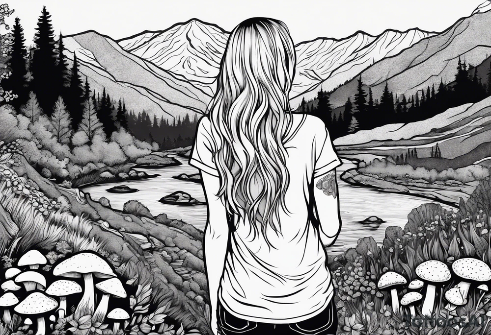 Straight long blonde hair hippie girl in distance holding mushrooms in hand facing away toward mountains and creek surrounded by mushrooms tee shirt and hiking pants tattoo idea
