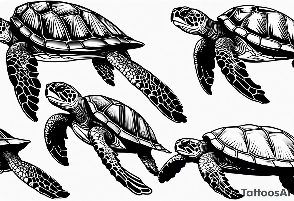 Four sea turtles swim in a row one after the other tattoo idea
