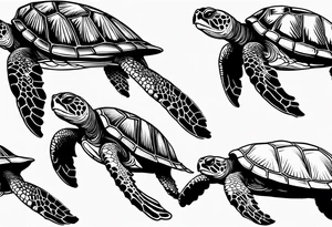 Four sea turtles swim in a row one after the other tattoo idea
