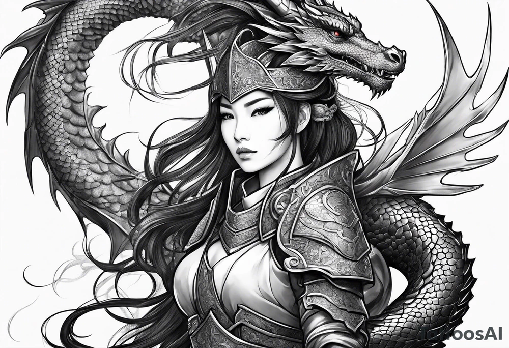 beautiful warrior woman wearing dragon armor and a dragon flying tattoo idea