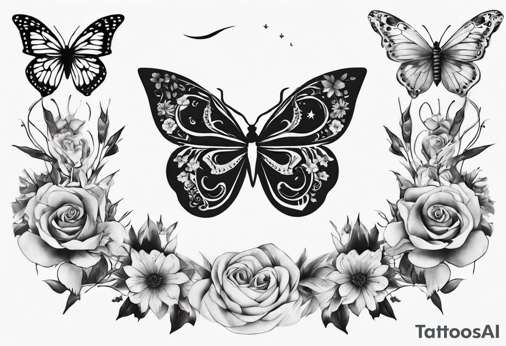 Butterfly wrap tattoos with large centre piece with moon and floral theme. Bracelet around ankle tattoo idea