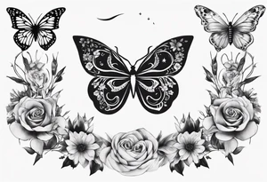 Butterfly wrap tattoos with large centre piece with moon and floral theme. Bracelet around ankle tattoo idea