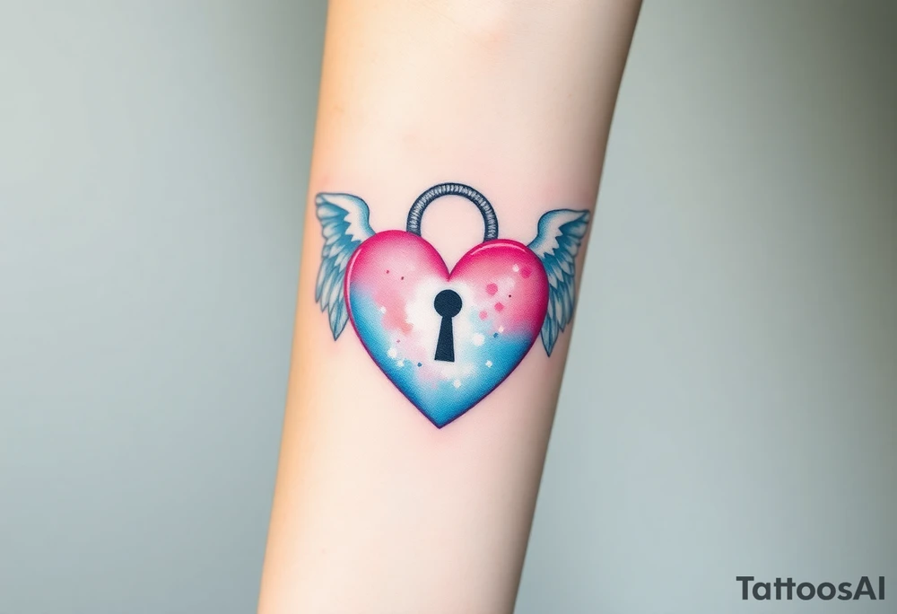 A heart-shaped lock with lockhole with angel wings in pastel blue and pink, with a silver key floating nearby tattoo idea
