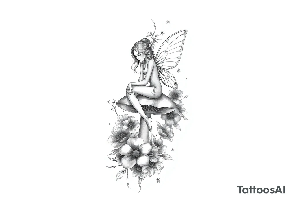 Mystical fairy sitting on a mushroom surrounded by flowers tattoo idea