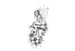Mystical fairy sitting on a mushroom surrounded by flowers tattoo idea
