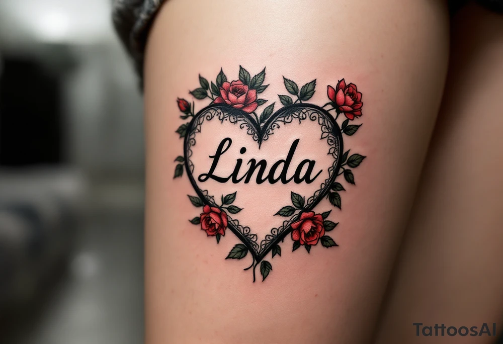 A vintage heart with bold black outlines, with name "Linda" in a traditional font, surrounded by small red roses and green leaves for a timeless look. tattoo idea