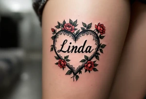 A vintage heart with bold black outlines, with name "Linda" in a traditional font, surrounded by small red roses and green leaves for a timeless look. tattoo idea