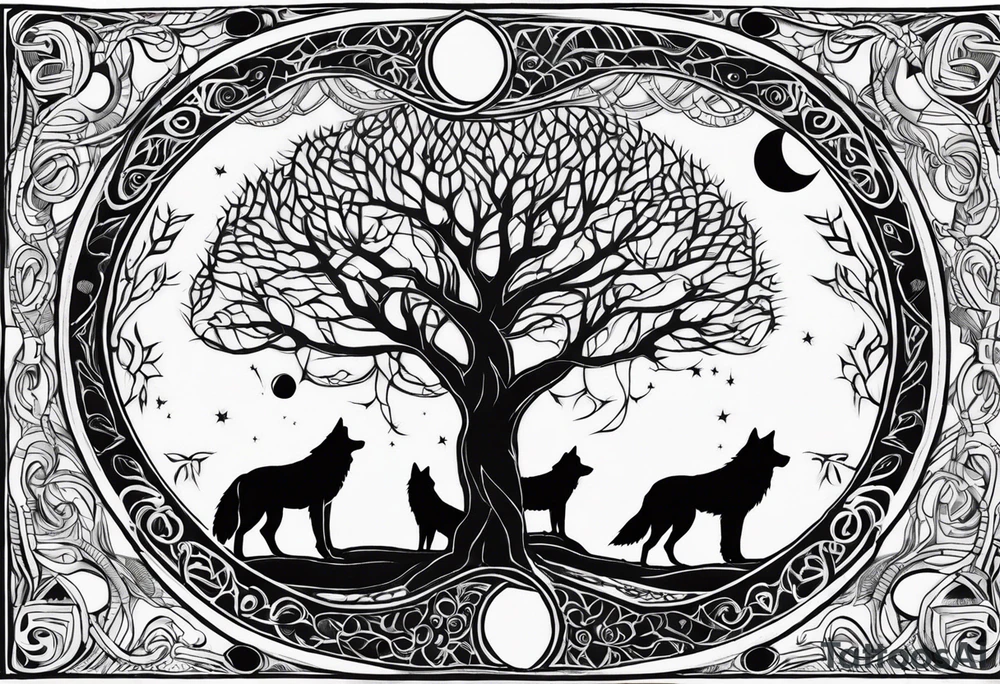 tree of life with wolves and the moon tattoo idea