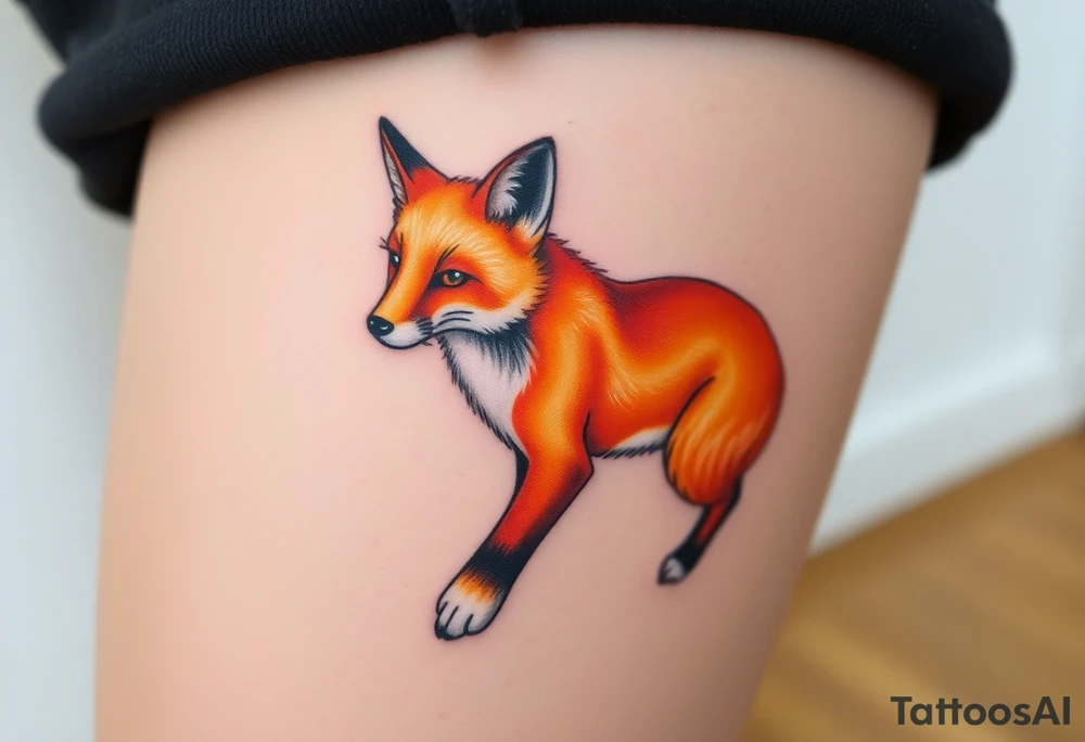 A gracefully detailed fox tattoo, with a rich, fiery orange coat transitioning into deep copper and golden highlights, symbolizing wisdom, passion, and loyalty. The fox’s chest and tail tip are a soft, snowy white, blending seamlessly into the fur’s natural texture. Its piercing amber eyes radiate intelligence and playfulness. tattoo idea