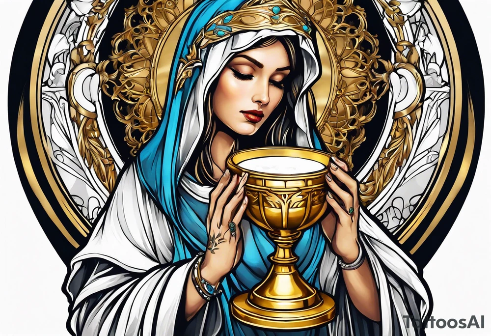 holy saint woman turned away with golden halo holding a chalice tattoo idea