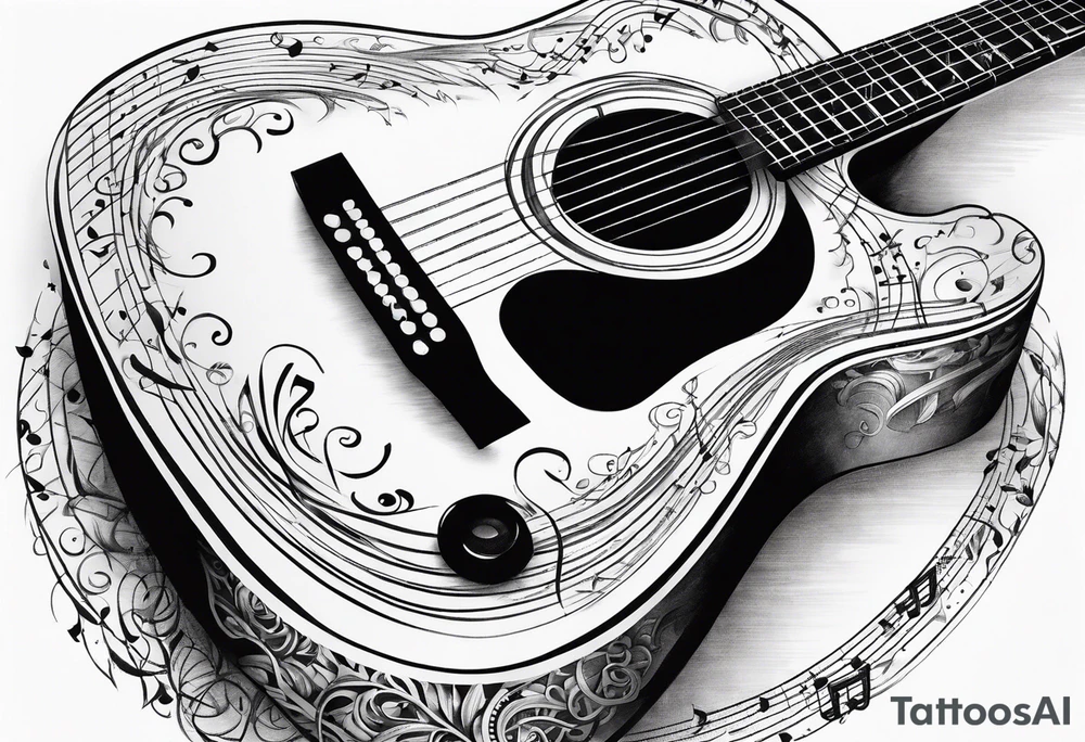 guitar with musical notes wrapped around it tattoo idea