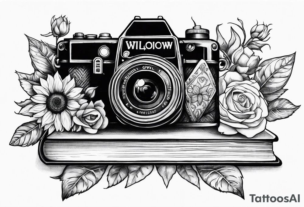 Sunflower, camera, book, owl, flower rose tattoo idea