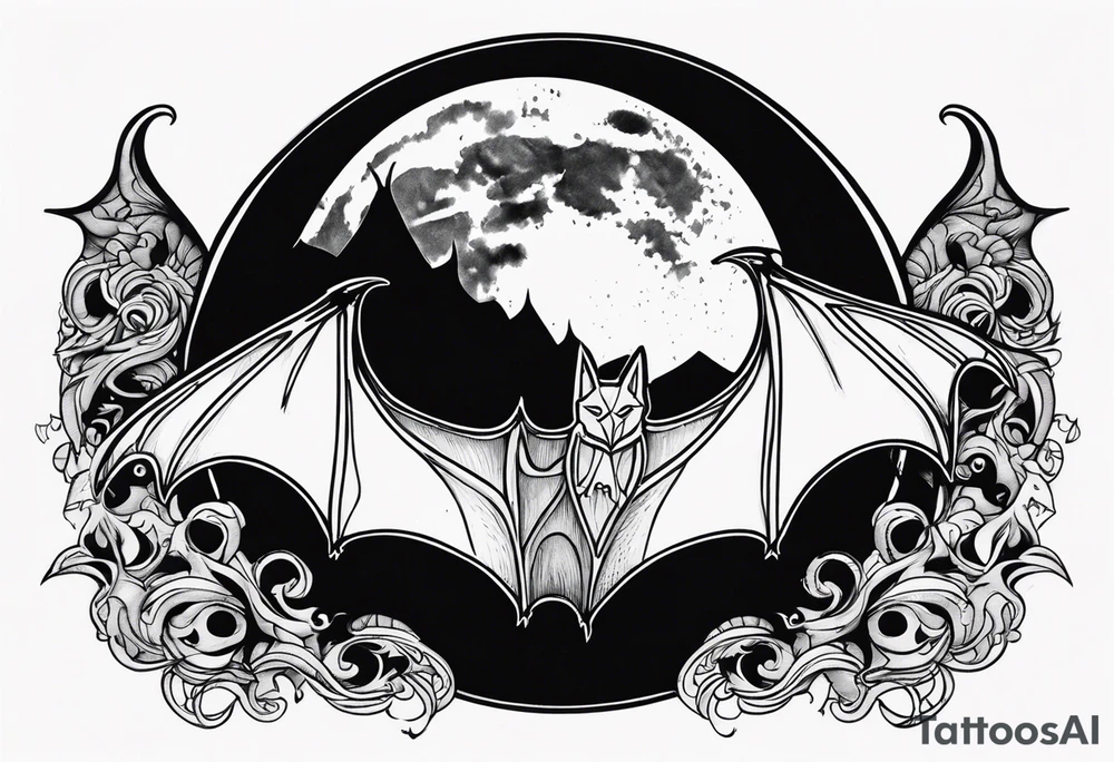 A bat wrapped in smoke with a moon tattoo idea
