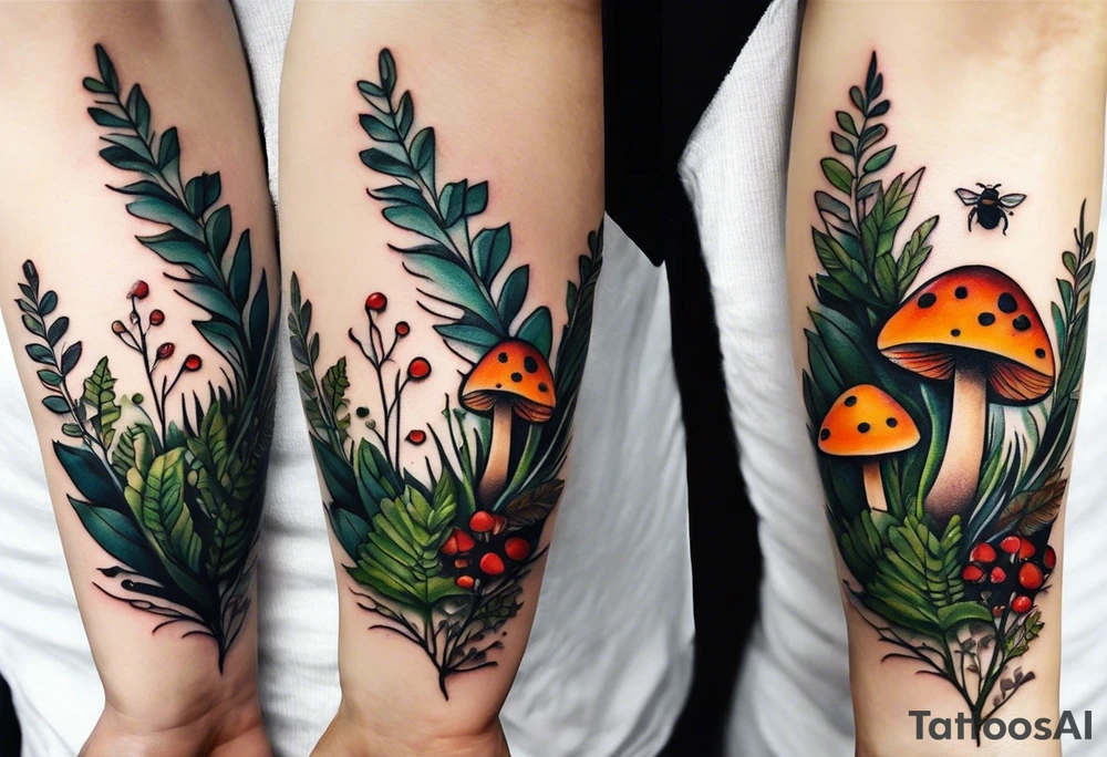 minimalistic forest floor inspired tattoo, which includes grass, moss, curly ferns and dead leaves as the bulk of the tattoo. details to include: forest berries, couple of very small brown mushrooms, a tiny bumblebee flying nearby tattoo idea