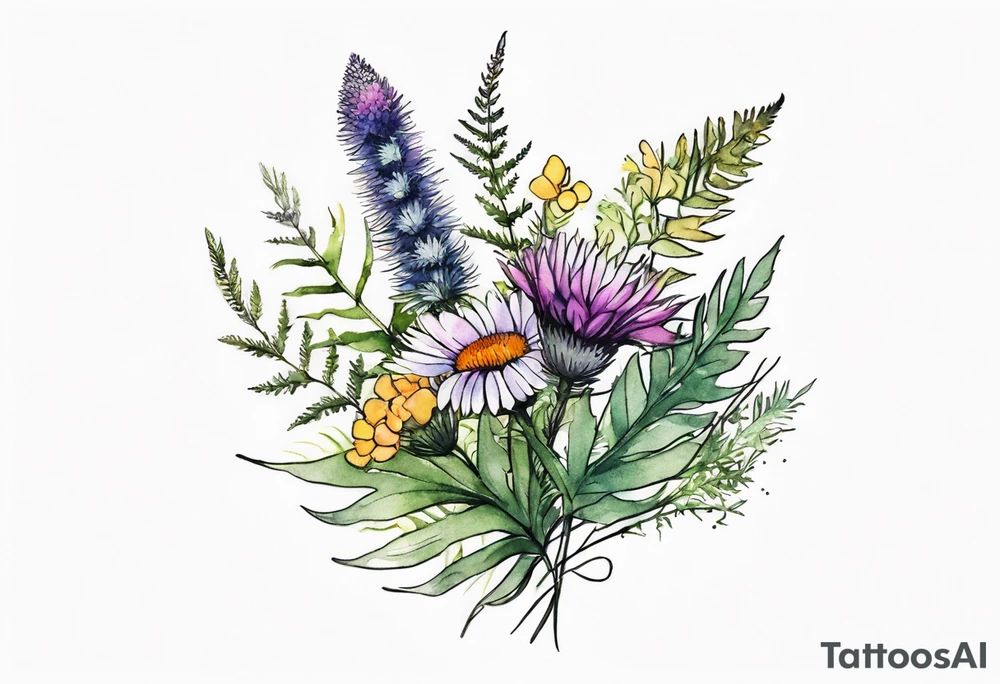 small vertical mixed wildflower bouquet with ferns, thistle and with watercolor tattoo idea