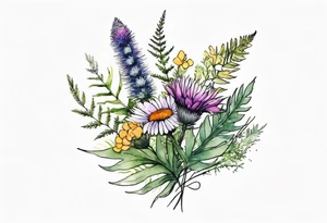 small vertical mixed wildflower bouquet with ferns, thistle and with watercolor tattoo idea