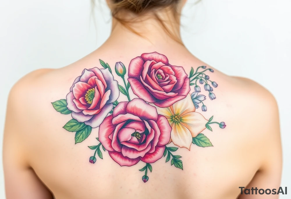 Bouquet of flowers with a carnation, rose, Lily of the valley, delphinium with stems tattoo idea