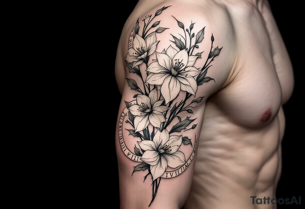 narcissus flowers and holly with 2 bands with roman numerals around them tattoo idea