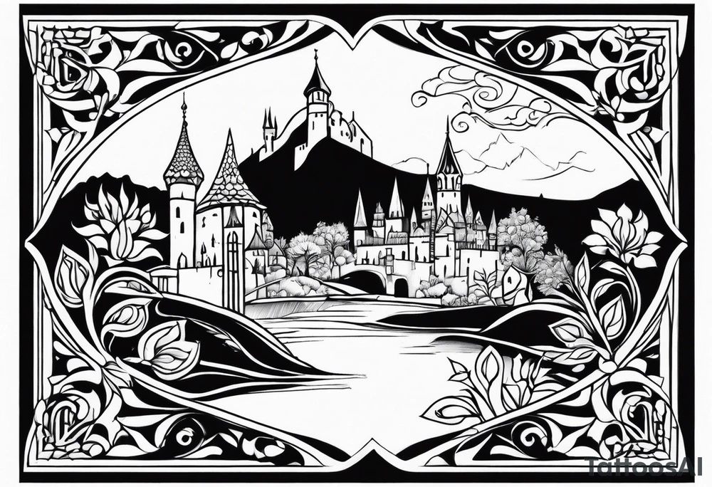 medieval tribal city 
floral  land sky vignette tattoo idea