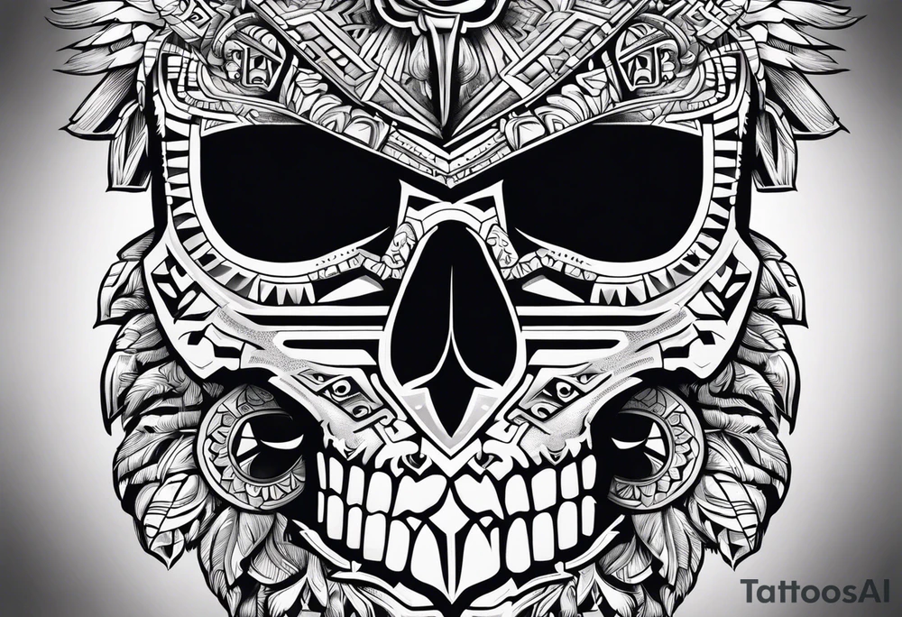 Aztec skull with eagle, tiger and Aztec symbols signifying resilience tattoo idea