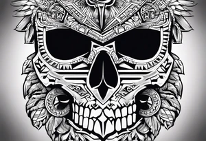 Aztec skull with eagle, tiger and Aztec symbols signifying resilience tattoo idea