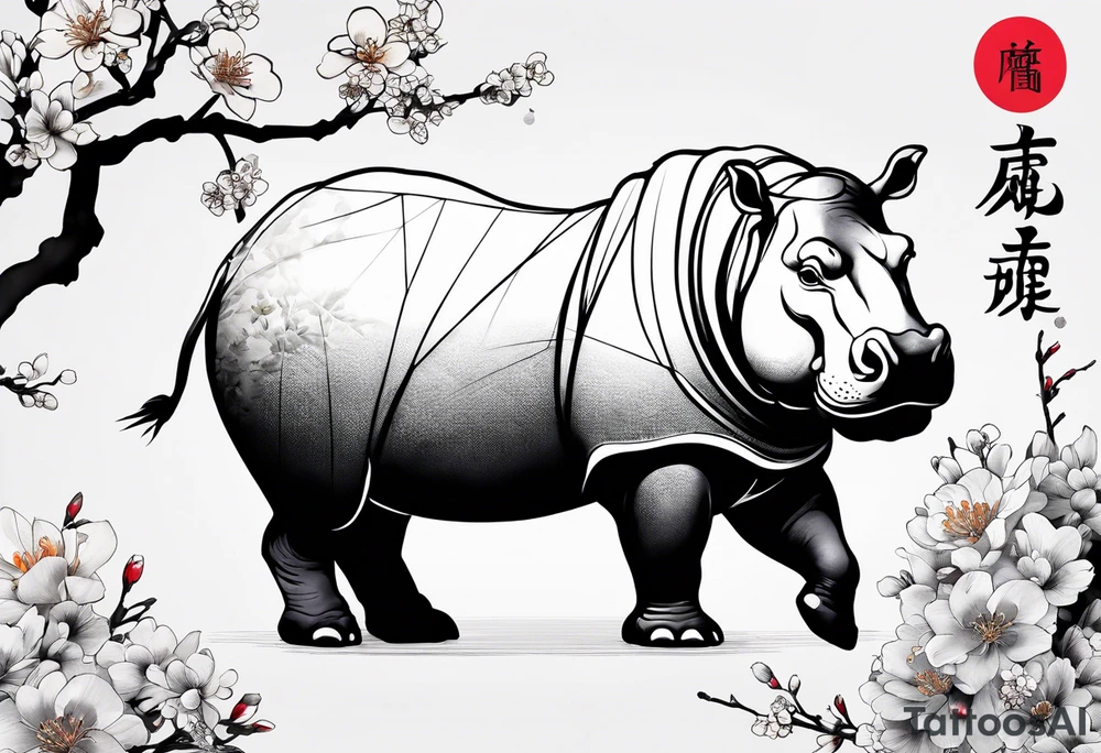 Asymmetrical, geometric, chinese ink art touch, hippo , full moon, wintersweet flower, light , modify from my favourite, ratio 9:16 tattoo idea