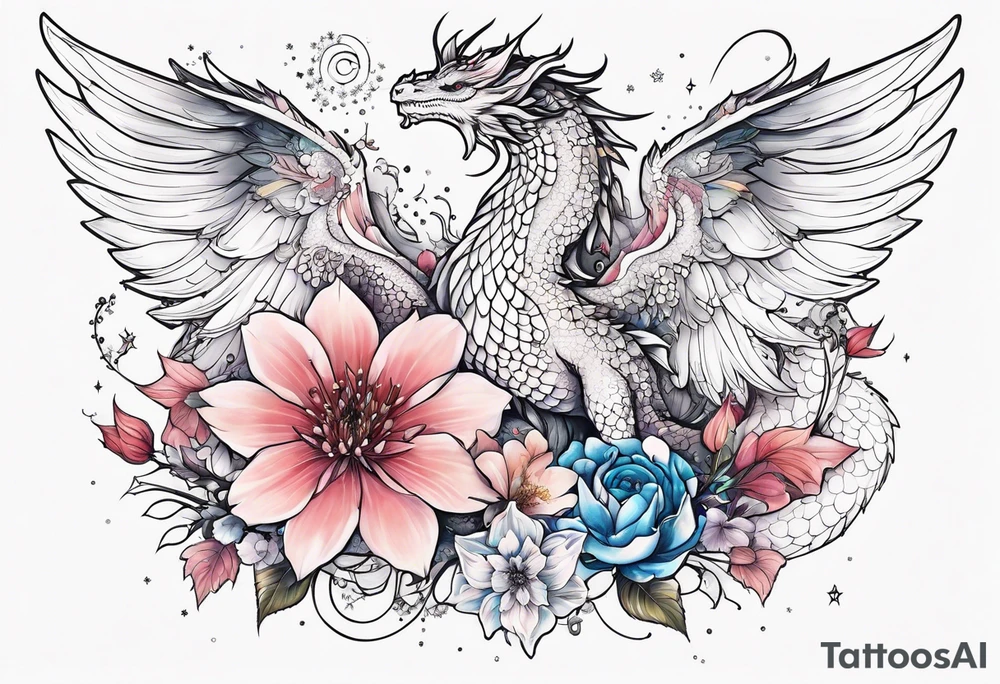 Constellation, wing , snow , cross , dragon female japan kawaii , flower tattoo idea