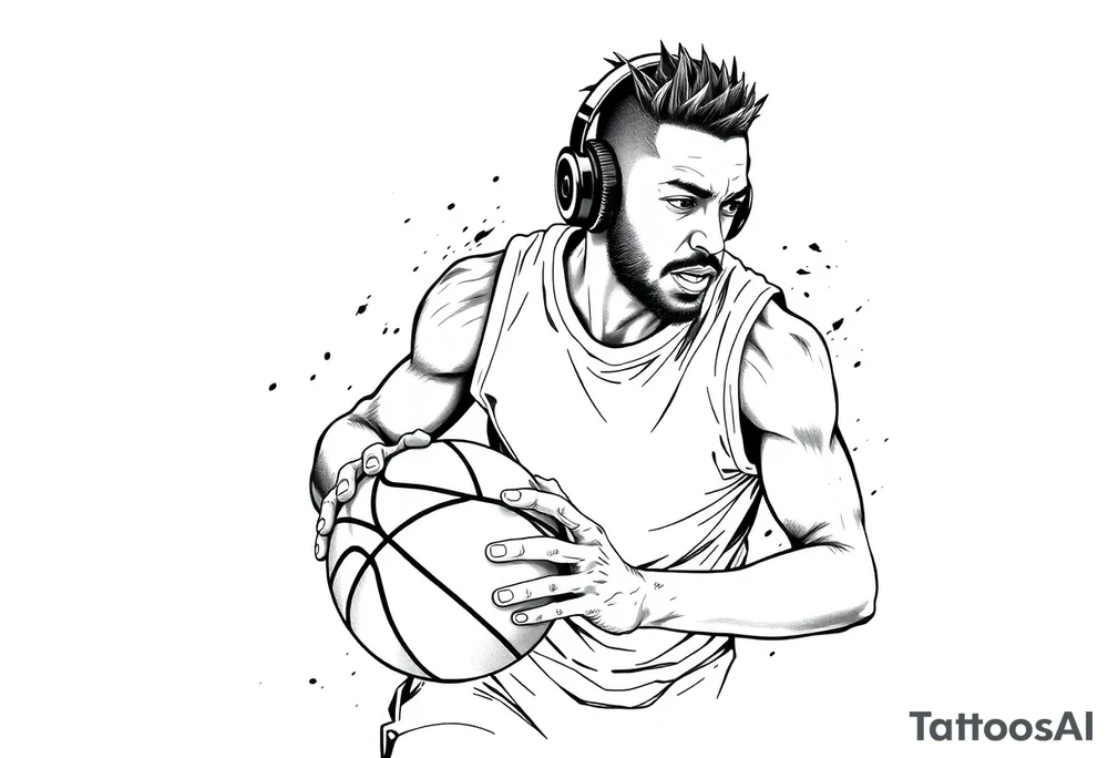 A guy dribbling a basketball with headphones on tattoo idea