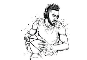A guy dribbling a basketball with headphones on tattoo idea