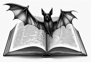 A simple open book with bat wings coming out of it tattoo idea