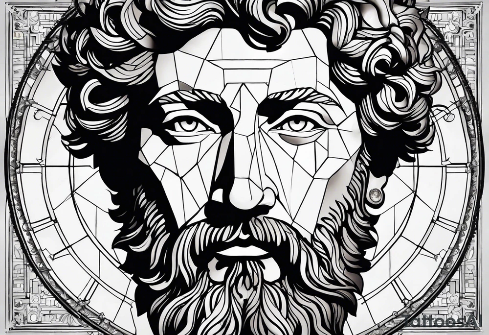 The Face of marcus aurelius with the lower left half missing. He is looking slightly away at 25 degrees. Geometric symbols framing the background tattoo idea