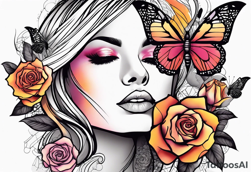 Sunset, rose, butterflies, dragonflies, woman face tattoo idea