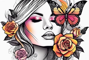 Sunset, rose, butterflies, dragonflies, woman face tattoo idea