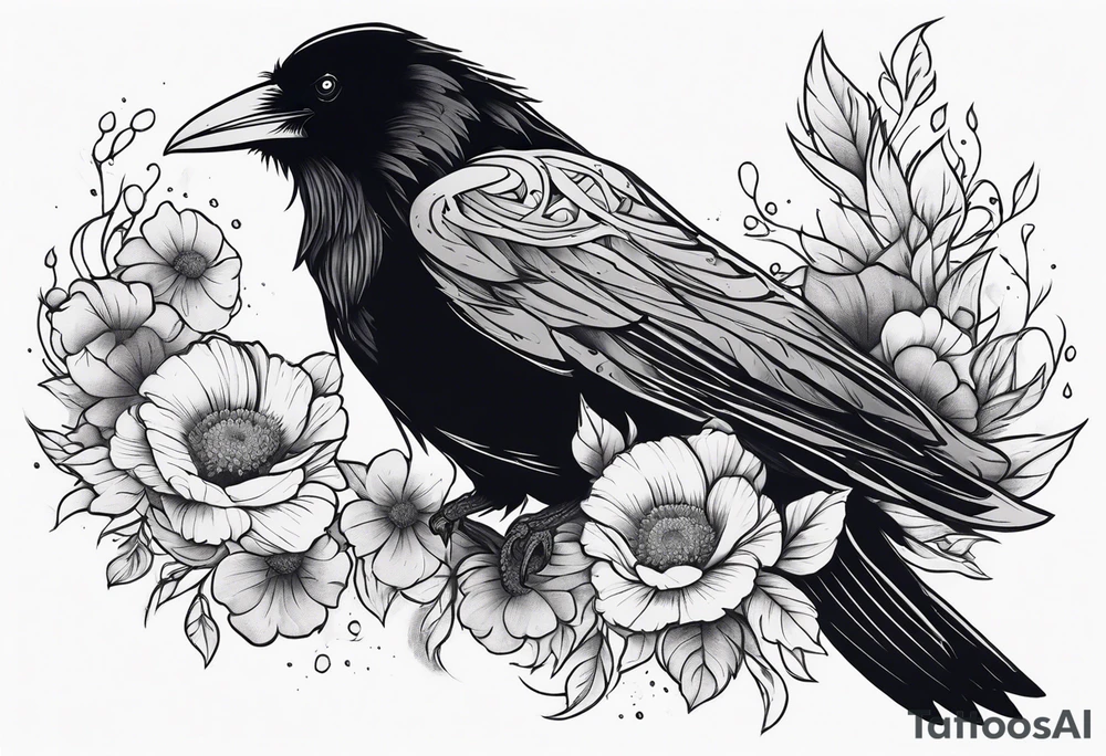 Fantasy raven with flowers tattoo idea